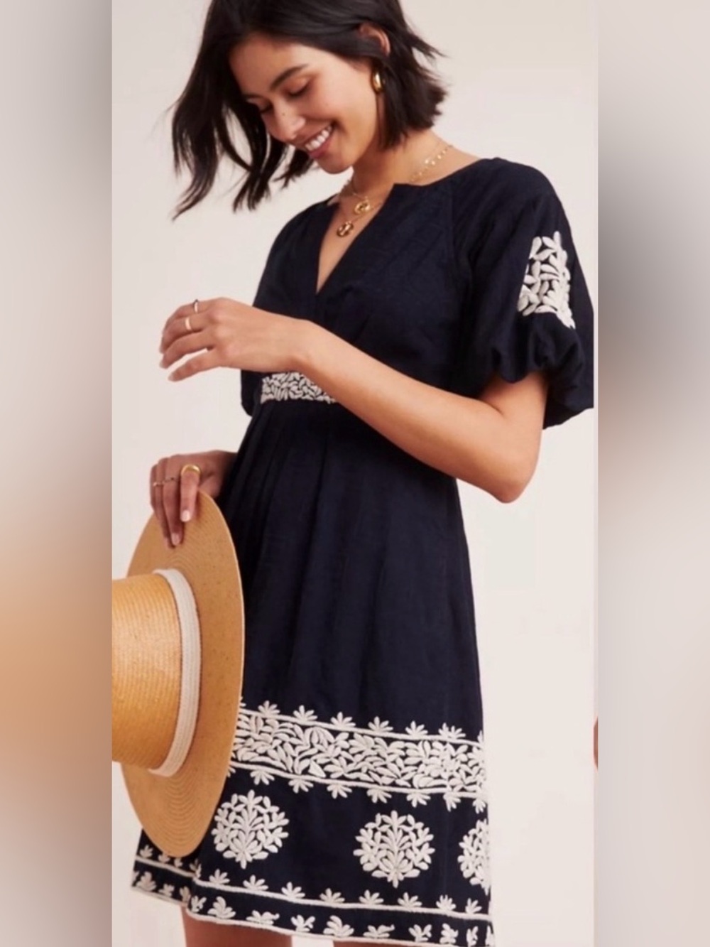 ANTHROPOLOGIE Orla Mini Dress Black Ecru Intricately Embroidered Detail Size 4
